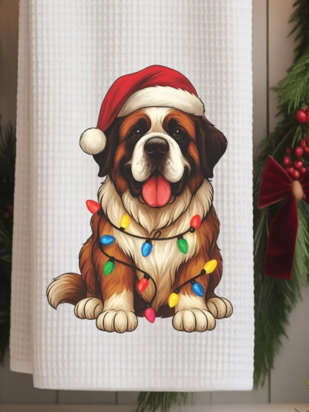 St. Bernard Christmas Lights Decorative Kitchen Tea Towel